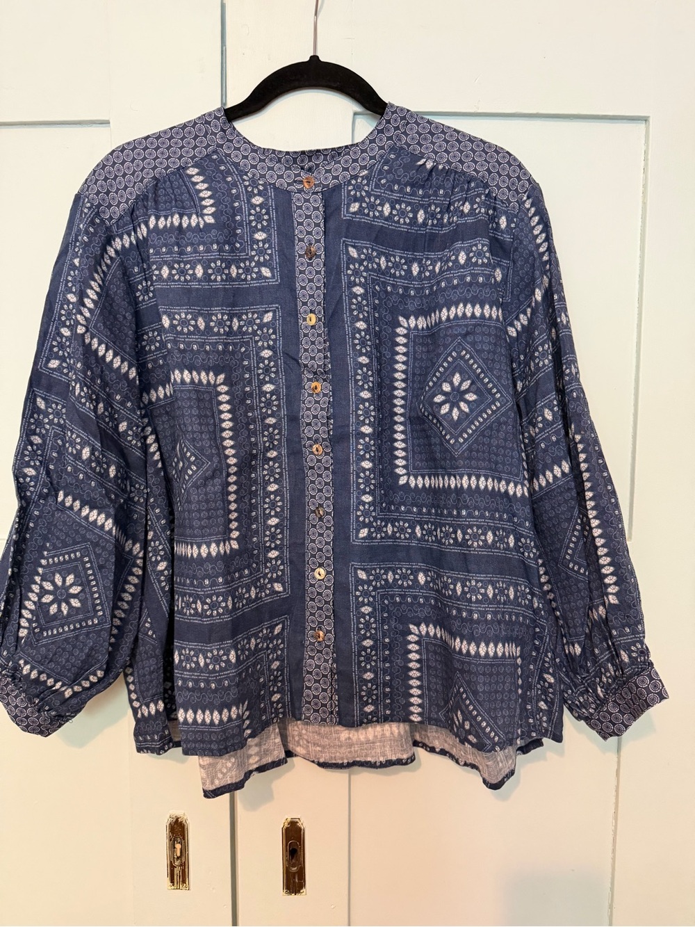 Johnny Was Indigo Geo Print Button-Front Blouse